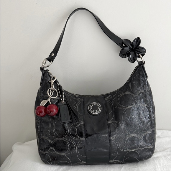 Coach Handbags - Coach Black Embossed Shoulder Bag with Cherry Charms